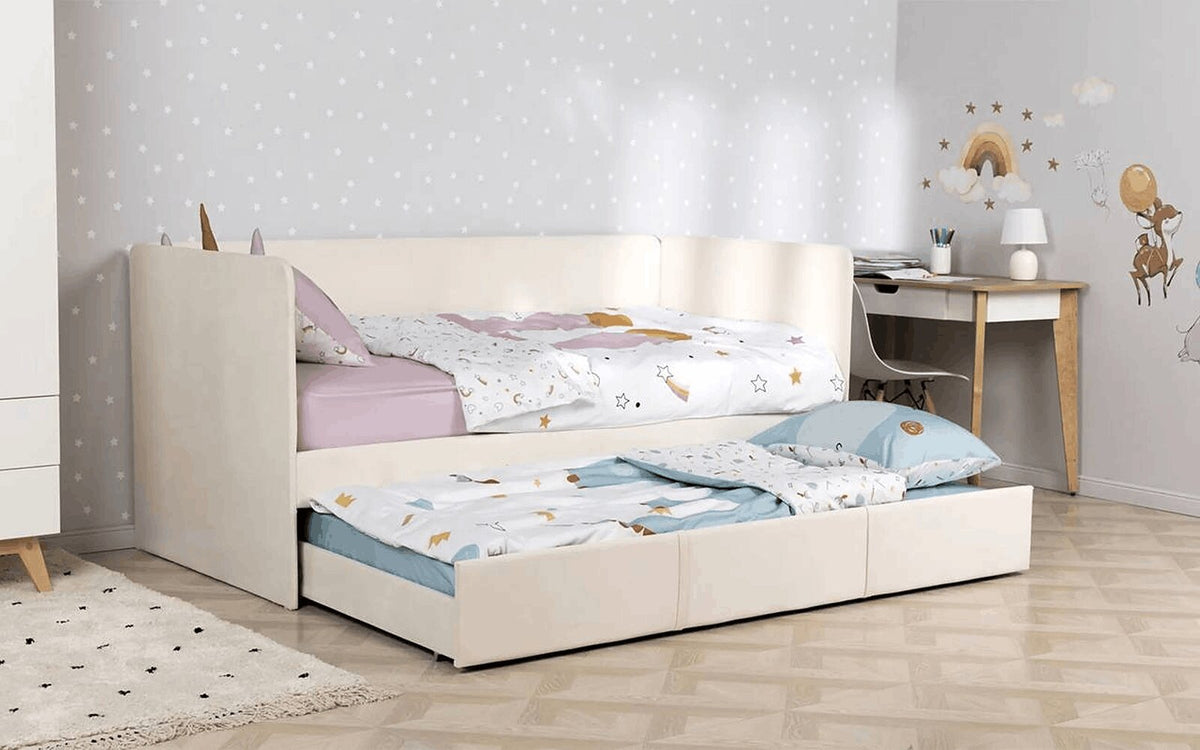 Modern Uno Duo bunk bed with soft upholstered headboards in a cosy child's room setting