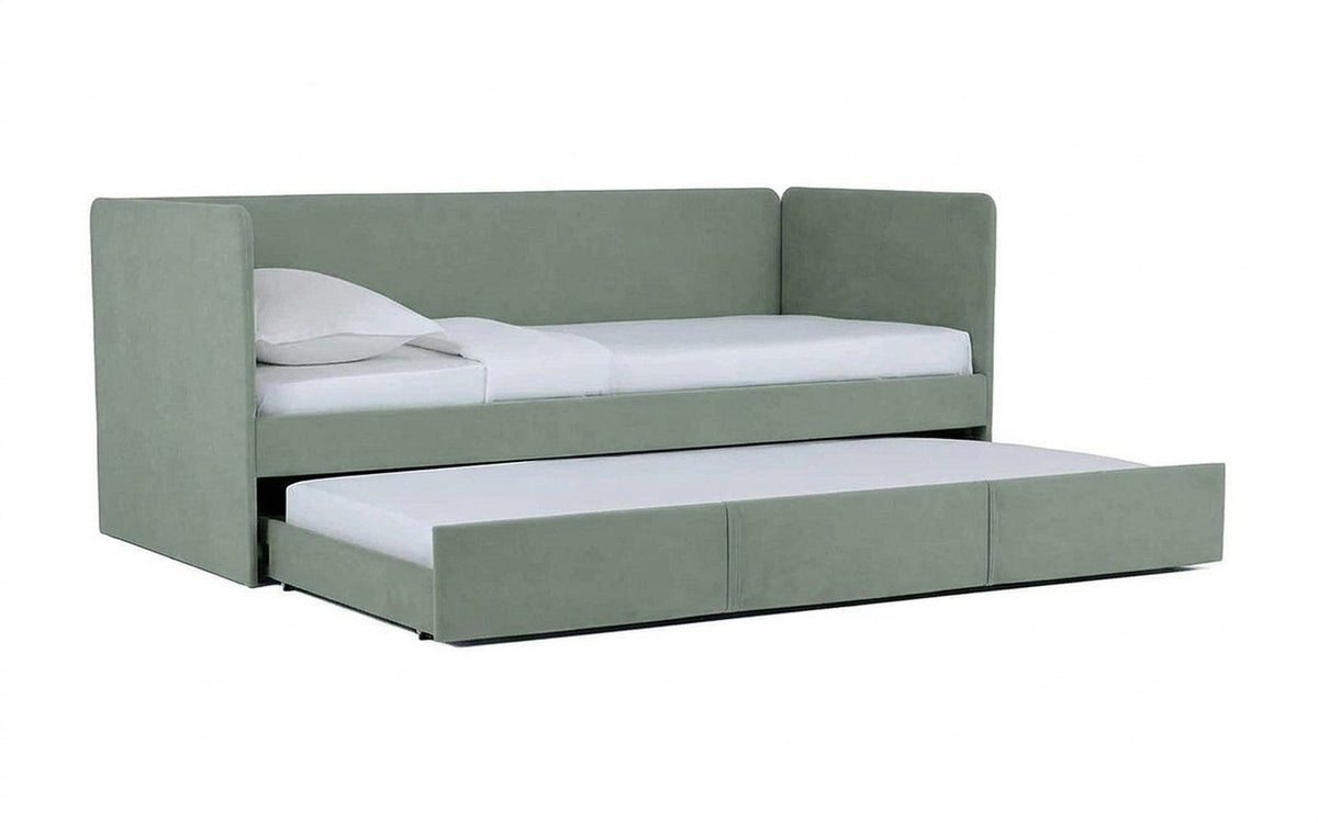 Uno Duo bed with Casanova Celadon upholstery on a white background
