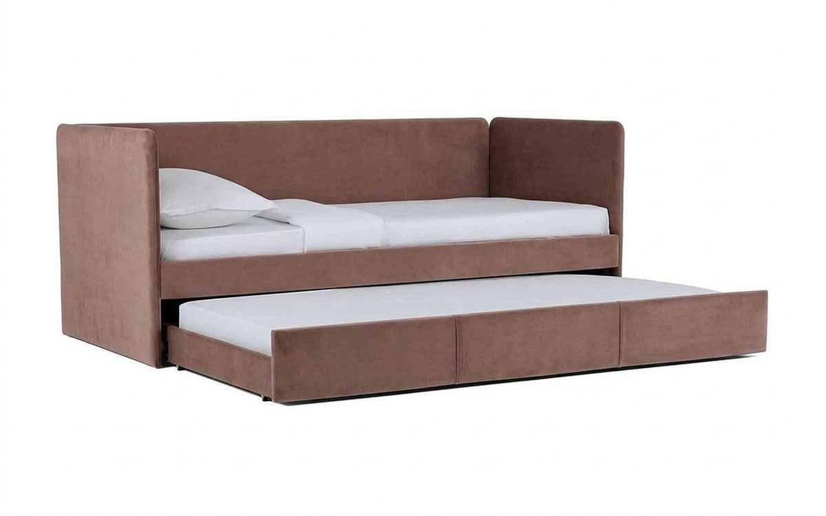 Uno Duo upholstered bed in Casanova Stone fabric on a white background