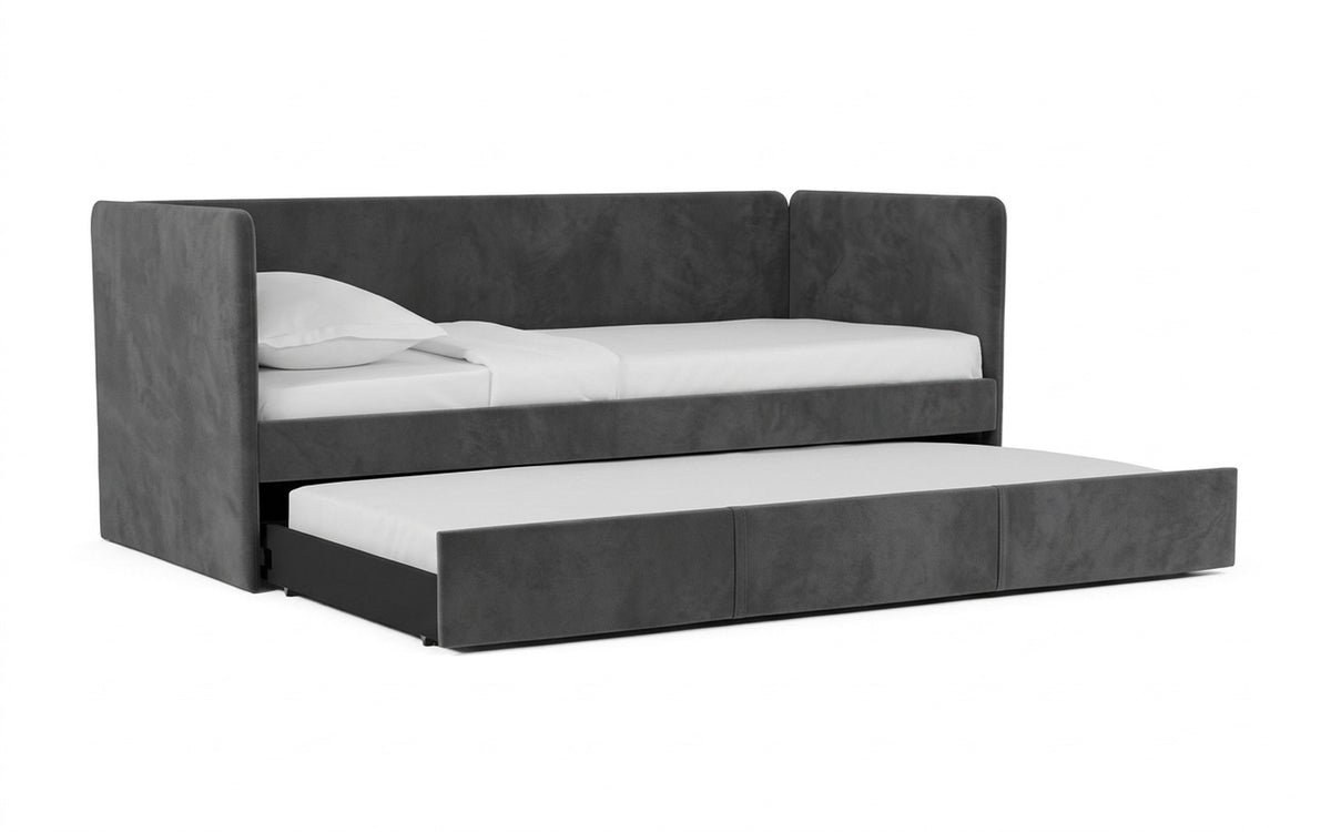 Upholstered Uno Duo bed with Shammy Frosty fabric, shown on a white background