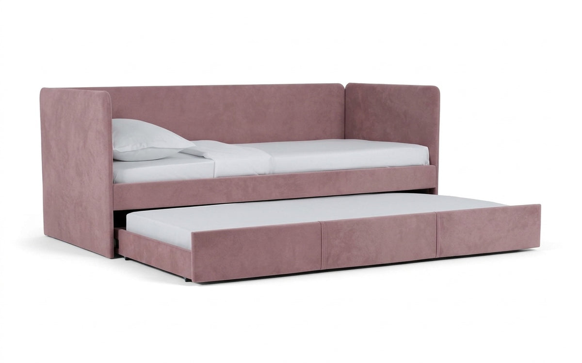 Uno Duo bed with Sky Velvet 01 upholstery, shown on a white background with two sleeping spaces