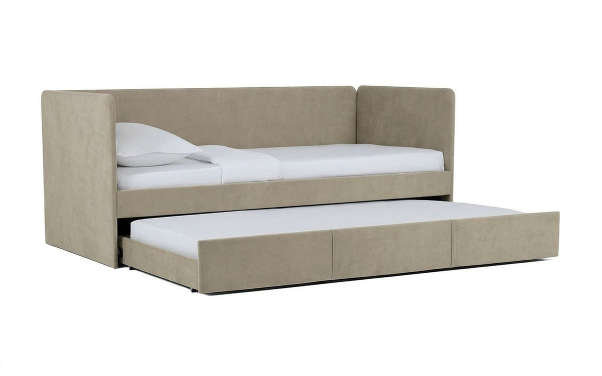 Uno Duo bed with Sky Velvet 03 upholstery, shown on a white background