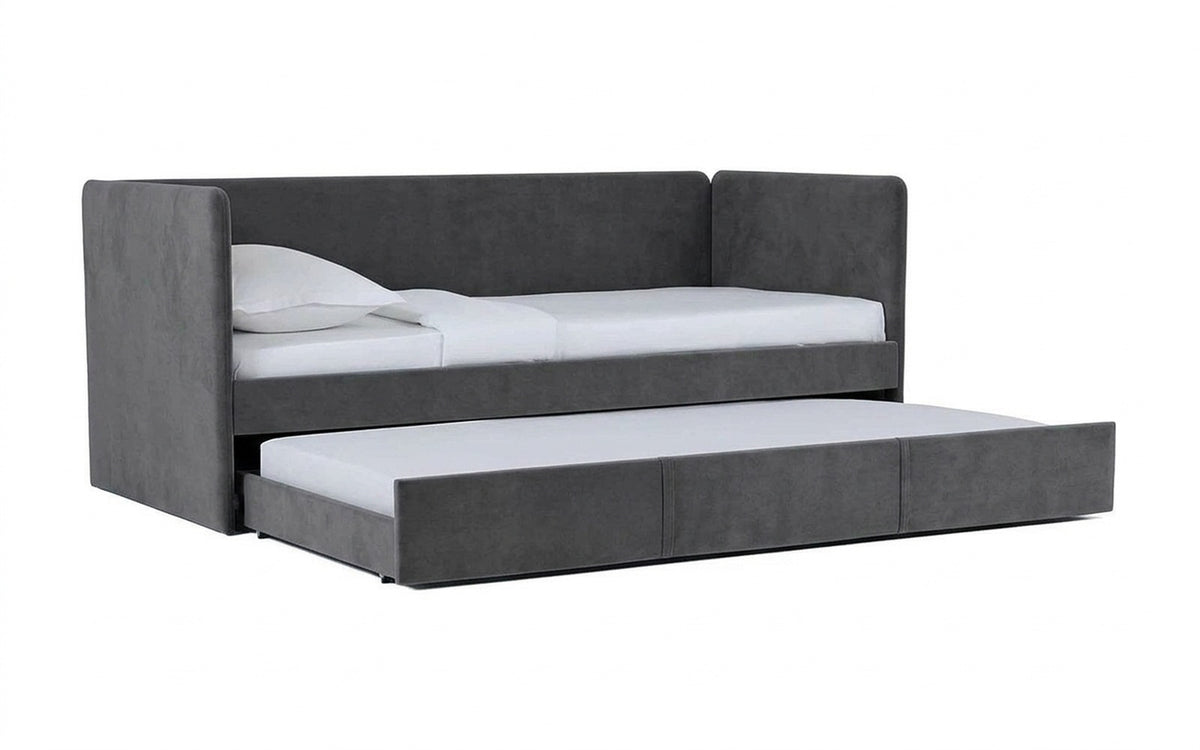 Uno Duo bed with Sky Velvet 08 upholstery on a white background
