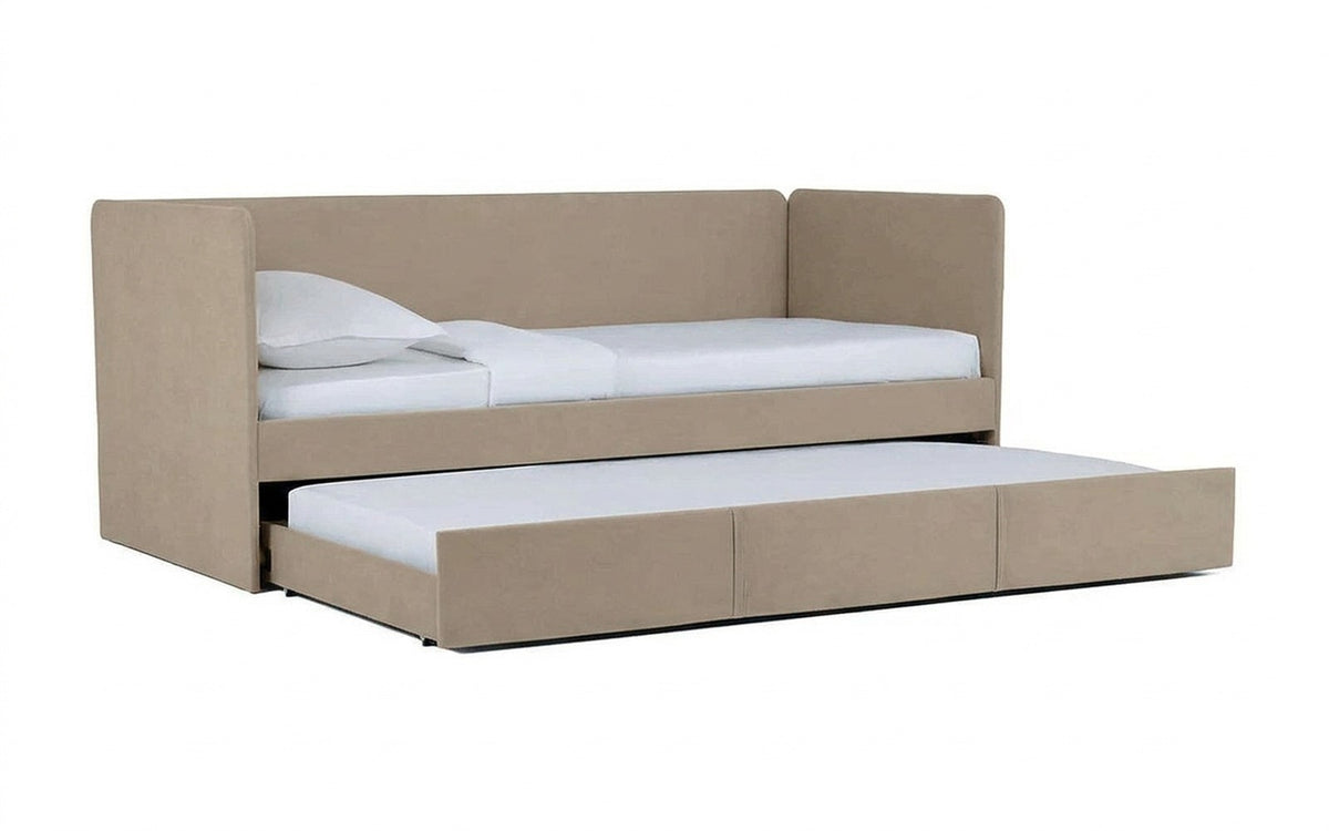 Uno Duo bed in Sky Velvet 21 upholstery on a white background