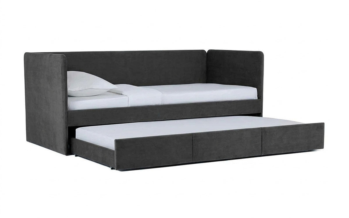 Uno Duo bed with Sky Velvet 38 upholstery on a white background