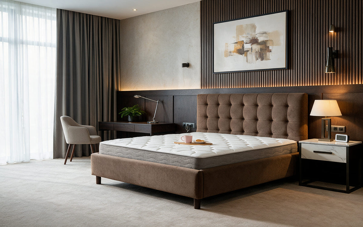 Bennett mattress from the Technology Collection in a bedroom interior, showing its firm quilted knit surface and pocket